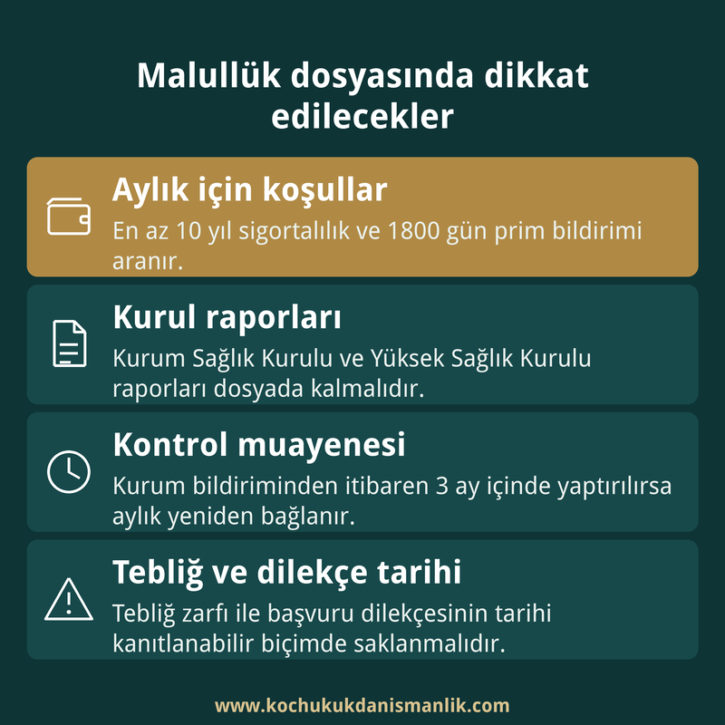 Malullük raporu dosyasında aylık koşullarını, kurul raporlarını, kontrol muayenesi süresini ve tarih kayıtlarını özetleyen dört kutulu kart.